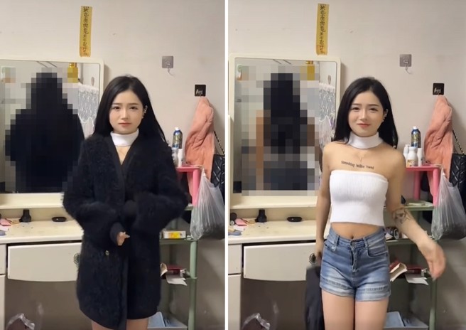 女子背後的鏡子，如照妖鏡般，把女子原本的體型全部洩底了。（翻攝爆笑公社）