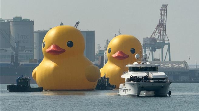 表定10时20分2只黄色小鸭将出场，但受到气候不佳，风势过大，一度延后10几分钟，最后在「水门礼」高规格迎接下缓缓出场，由船艇喷洒出拱门似的水柱以示庆祝，高雄市长陈其迈则坐在前导的游艇上，带领小鸭重磅登场。（柯宗纬摄）