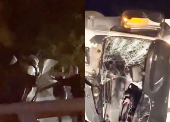 有男子行經凌晨南迴公路上時，發現有輛貨車衝破護欄翻覆，便與友人拿著球棒救人。（圖／翻攝自社會事新聞影音）
