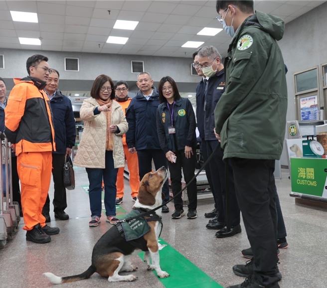 海洋委員會主委管碧玲（前左二）於1月29日到金門視察小三通安檢作業，圖為海巡偵搜犬投入國境防疫工作。（海委會提供／林瑞益高雄傳真）