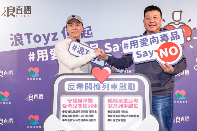 Toyz刘伟健（左）与浪凡基金会董事长马咏睿合影，目标募得1亿元。（浪LIVE提供）