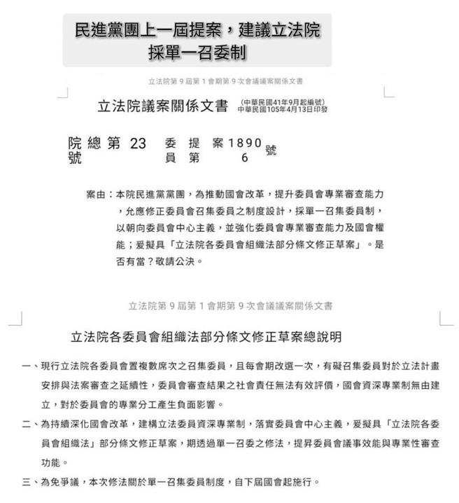 民進黨立法院長候選人游錫堃為爭取白營支持，29日以「個人身分」敬表贊同，遭指和黨內不同調。游錫堃今在臉書貼出美法德日採單一召委制度的比較圖，以及民進黨團上一屆建議立法院採單一召委制度的提案，同時強調「既然負重，就須忍辱」。（翻攝自游錫堃臉書）