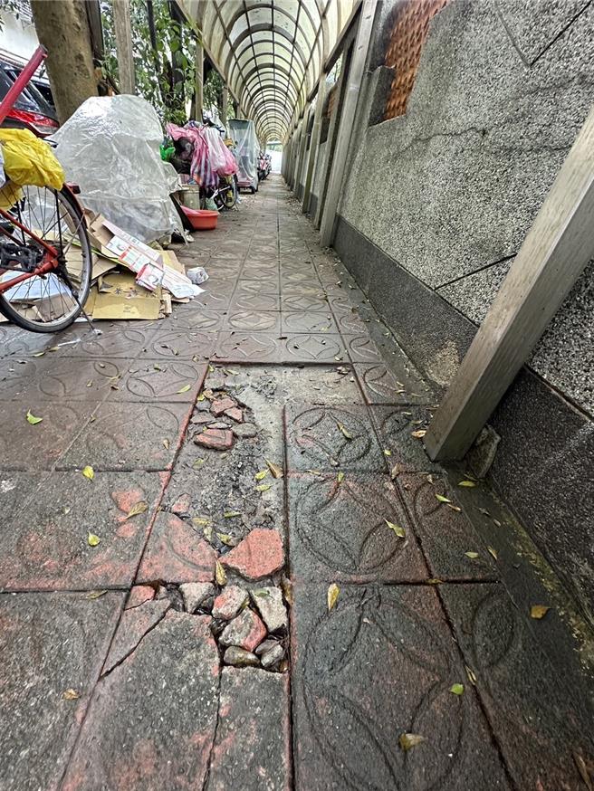 基隆市七堵区长兴国小旁人行道，地砖破损严重，还有青苔以及树根隆起的行道树，行走十分危险。无党籍议员张耿辉会勘后，建议市府尽速整修破损。基市府则表示，破损会先修缮，并由教育处争取内政部整建经费全面改善。（张耿辉办公室提供／徐佑升基隆传真）