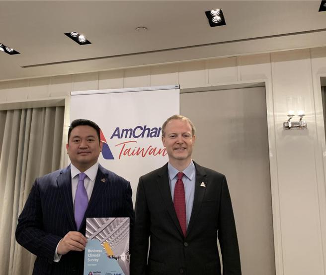 台湾美国商会（AmCham）理事长银丹（Dan Silver）（右）与执行长林博智（Patrick P. Lin），发布台湾美国商会《2024年商业景气调查》报告。图／陈碧芬