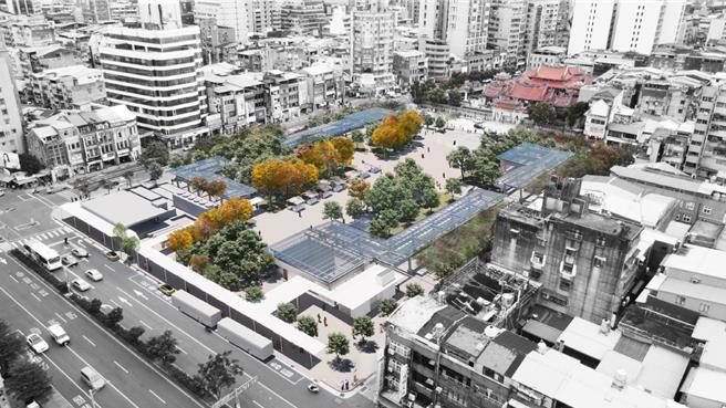 根據申設單位所提出的改造計畫，預計將調整艋舺公園的中軸線成不對稱，留存大部分迴廊結構並更新採光罩，僅拆除拆除南側部分迴廊，並移植現有植栽、種植一排楓香樹，朝表參道的概念打造。（黃敬文翻攝）