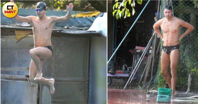 丁春誠泳技跟身材都很有看頭，游了二十多分鐘，他腰上的人魚線變得很明顯。（圖／本刊攝影組）