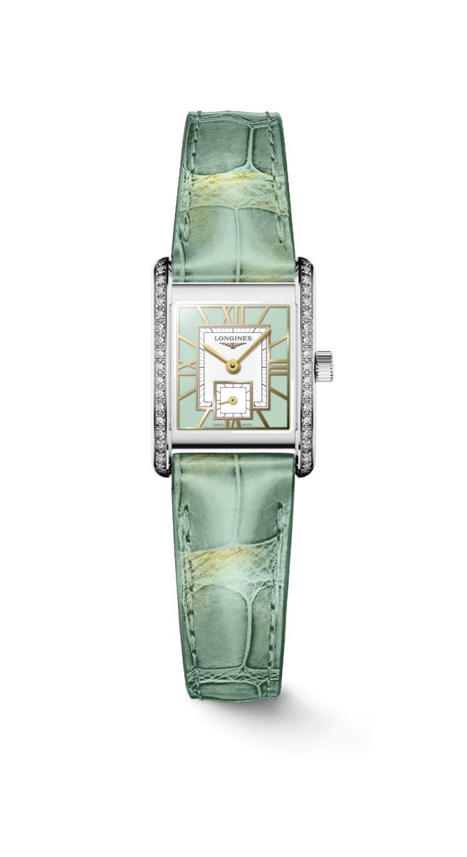 LONGINES浪琴表MINI DOLCEVITA迷你多情系列钻表，薄荷绿鱷鱼皮革款，12万2300元。（Longines提供）