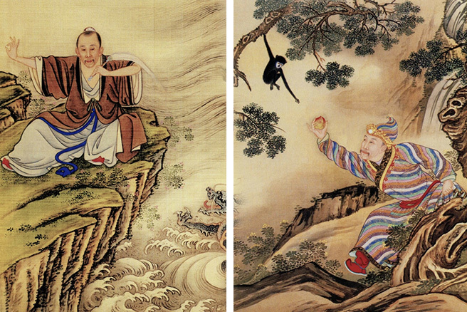 《许逊降龙》（左图）中，胤禛在悬崖之上，穿着道袍，挥着拂尘，姿势很滑稽；而旁边的波涛之中，盘着一条张牙舞爪的龙；《东方朔偷桃》（右图）中，雍正扮演的东方朔就像是个变戏法的艺人。（图／时报出版提供）