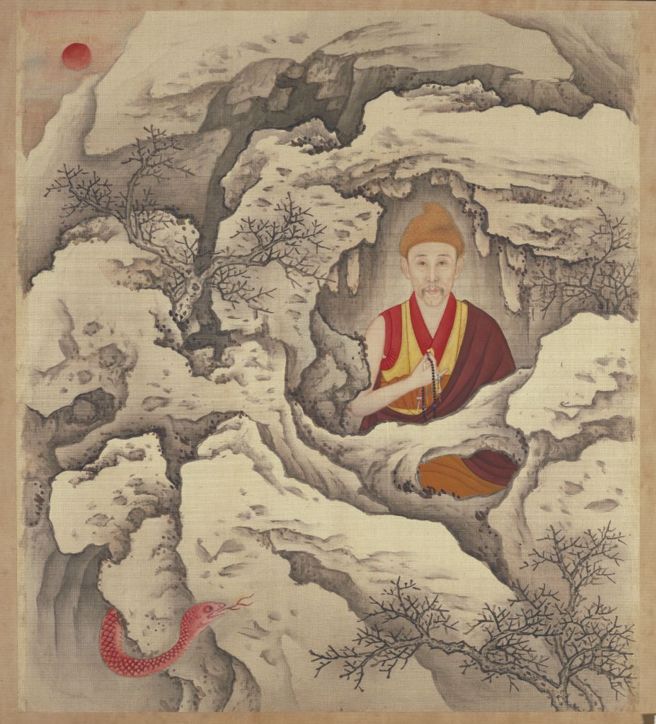 雍正端坐岩洞中，模仿了藏传佛教徒，反应了雍正尚佛的一面。（图／胤禛行乐图册‧喇嘛装页 北京故宫 ）