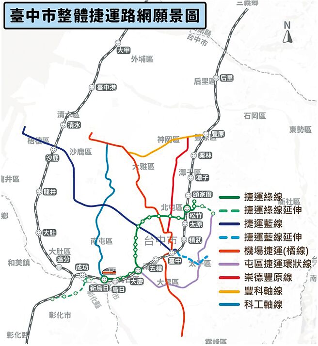 台中市捷運路網規畫包括已營運的綠線、通過綜合規畫核定的藍線，以及仍在推動的橘線、屯區捷運環狀線等，將形成完整捷運路網。（台中市交通局提供／林欣儀台中傳真）