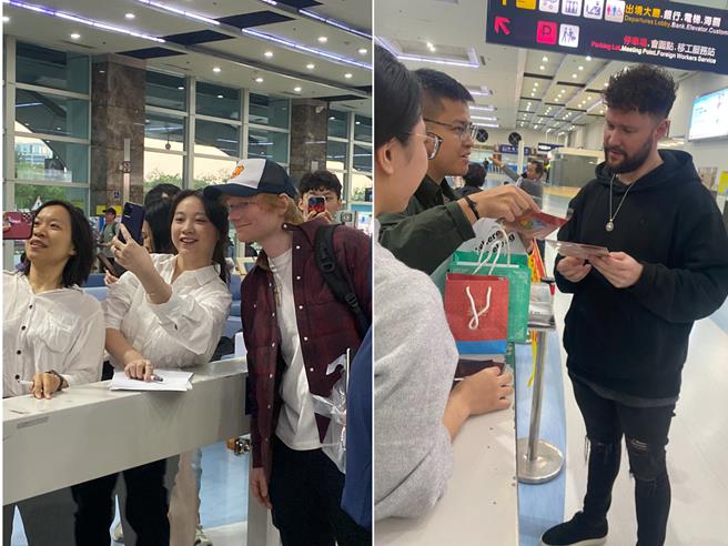 红髮艾德和卡伦史考特搭机抵台，吸引粉丝热情接机。（读者提供）