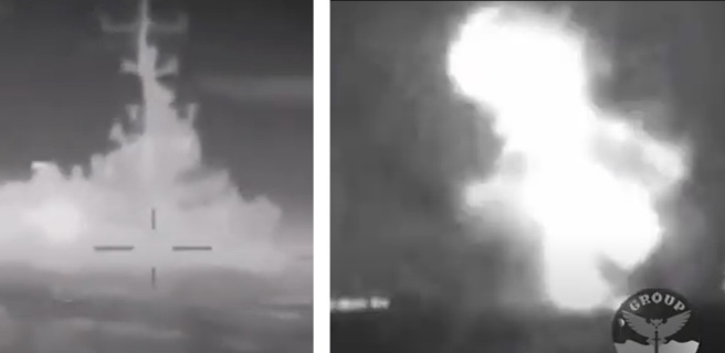 乌克兰神风快艇击沉俄罗斯黑海舰队的伊凡诺维兹号飞弹艇。(图/HUR)