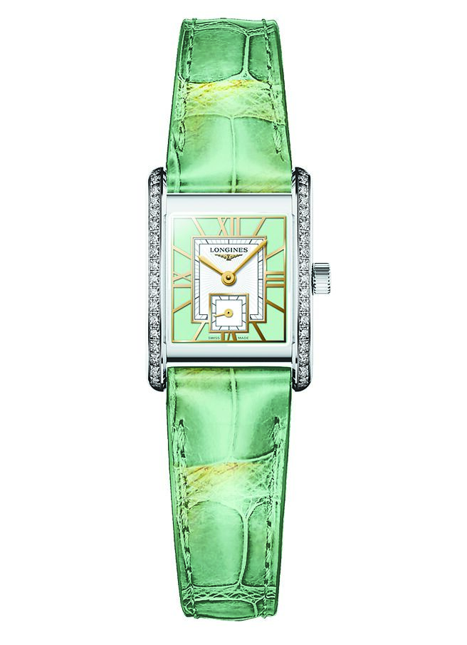 浪琴表MINI DOLCEVITA迷你多情系列钻表，薄荷绿鱷鱼皮革款，12万2300元。（Longines提供）