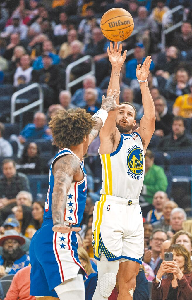 勇士射手柯瑞（右）对七六人砍进8颗三分球。（路透）