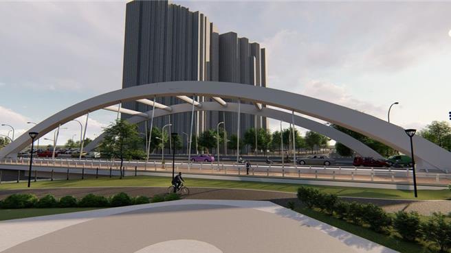 有網友翻出2022年龍德橋動土時的模擬圖，有別於現在的紅色與黃色橋身，模擬圖中橋體採白色系，讓不少網友說「差很多」。（取自高市府網站／任義宇高雄傳真）