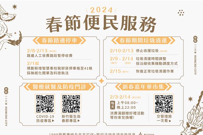 新竹市政府整合各局处春节措施，年假期间便民服务不打烊，包含交通疏导、社福医疗、垃圾清运、治安稽查、1999服务专线等，让民眾在春节过年期间也能享有便利的城市服务。（新竹市政府提供／陈育贤新竹传真）