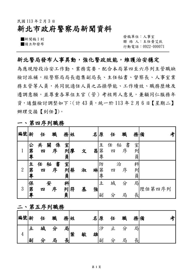 新北市警局人事异动名单。（新北市警察局提供）