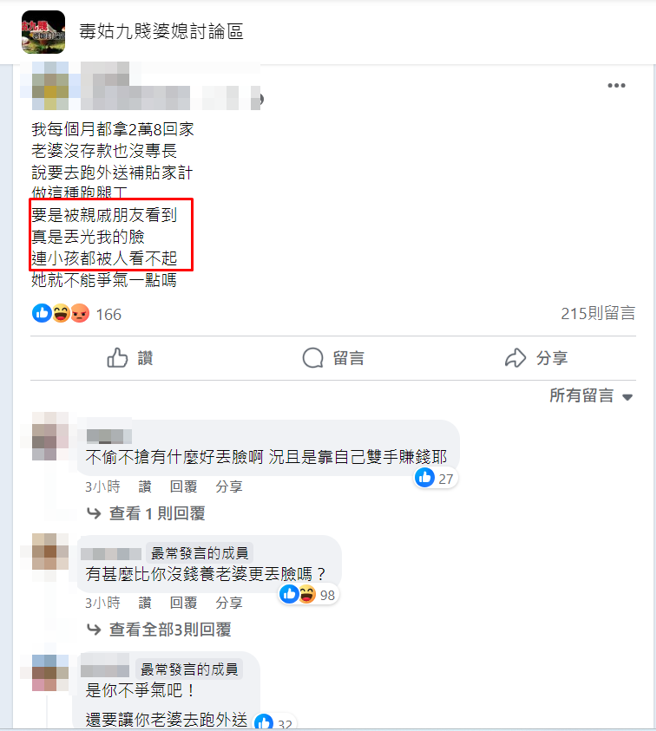 有人夫抱怨妻子要去跑外送补贴家用，若被亲戚朋友看到，简直丢光他的脸。（图 / 翻摄自脸书毒姑九贱婆媳讨论区）