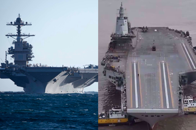 大陸媒體近日公布航空母艦福建艦（右）的新畫面，不少人將其與美軍航母福特號（左）做比較。（合成圖／美國海軍、央視）