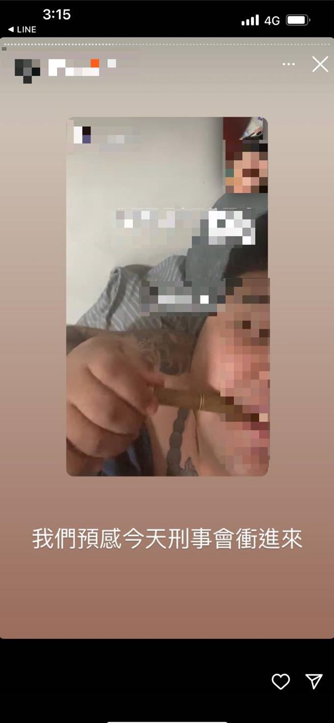 23岁刘姓男子一语成谶，在落网前发出一则「我们预感今天刑事会衝进来」，果真遭台中市刑大侦五队逮捕。（警方提供／王煌忠台中传真）