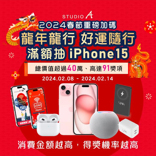 STUDIO A的「龍年龍行 好運隨行」活動，滿額抽iPhone 15。（​​STUDIO A提供／古明弘台北傳真）