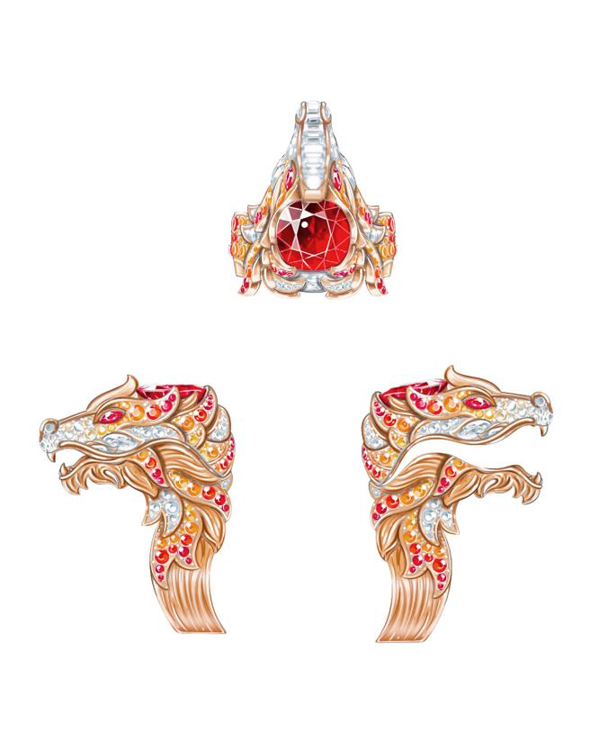 伯爵甲辰龍年頂級珠寶玫瑰金紅寶石戒指。（PIAGET提供）