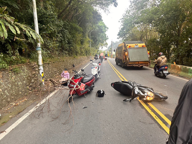黄姓男骑士为了闪避天降枯枝导致擦撞事故。（图 / 刘咏韵翻摄）