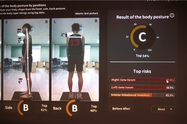 竹山高中運動防護員余典潔說，過去多是用肉眼觀察，現在透過AI系統分析體育選手的體態，資料5分鐘內立即顯示。（東華醫院提供／楊靜茹南投傳真）