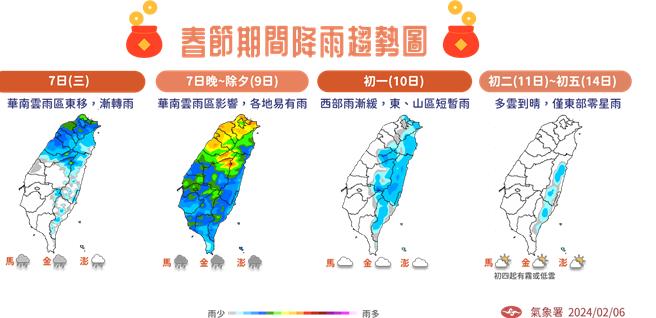 春節期間降雨趨勢。（中央氣象署提供／蔡亞樺台北傳真）