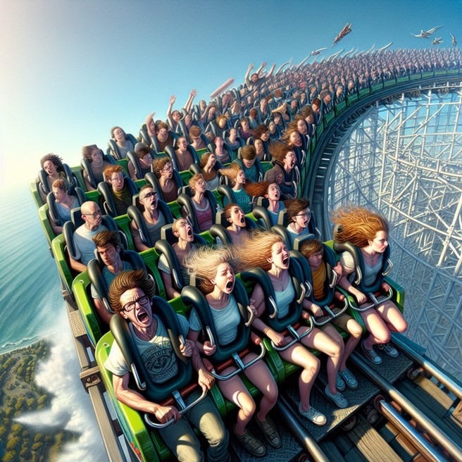 香港迪士尼乐园今（7）日下午3时传出云霄飞车设施故障，车厢停在半空中，根据港媒报导指出，有12名游客被困在空中。（示意图／AI制图）