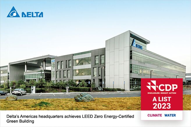 台达三度荣获CDP气候变迁与水安全管理双「A」领导级企业，图为导入台达自身的创新绿色解决方案并获LEED Zero Energy认证之美洲总部。图／台达提供