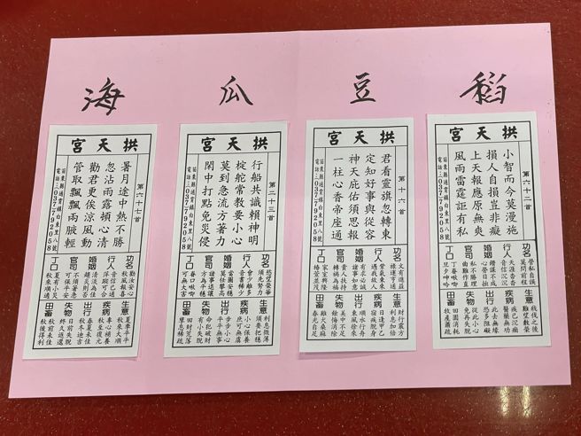 苗栗县通霄镇白沙屯拱天宫在除夕夜向妈祖掷筊请示，抽出「稻、豆、瓜、海」四张公籤。 （图取自白沙屯拱天宫脸书）