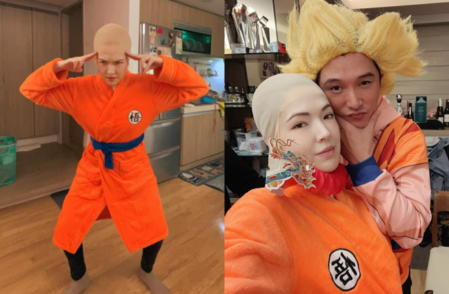 许玮宁晒自己「剃光头」和邱泽合影照片。（图／翻摄自anno8o7 IG）