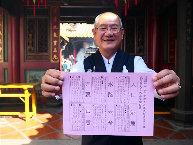 云林县北港朝天宫12日深夜抽出公籤，庙方13日解籤，代表国运的「港运籤」显示现在的时运将告一段落，所以应该另谋出路。所谓「山穷水尽疑无路，柳暗花明又一村」，改变不见得是坏事，勇敢向前行，或许可另创一番新局面。（张朝欣摄）