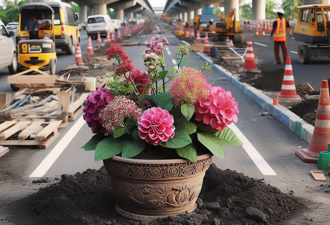 林姓男子前年为修缮化粪池，私自在新北市三峡区道路封路，又只用花盆加上灭火器「示警」，害骑车行经道路的谢姓男子闪避不及摔车身亡，被判需赔偿包含100万余扶养费用在内共409万余。（示意图／AI制图）