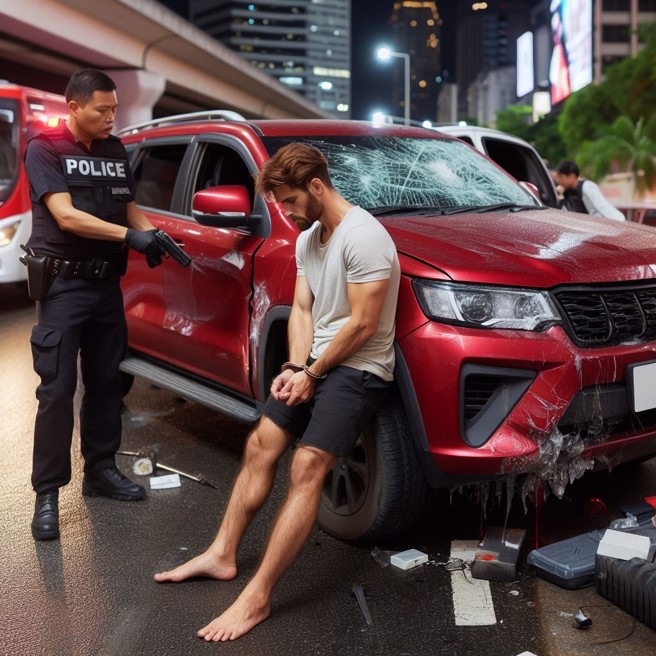 大陸重慶一輛紅色越野車在發生車禍後，來回衝撞企圖逃逸，引發眾怒被抓下車毆打上銬。（AI生成圖）
