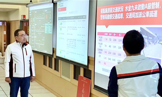 新北市长侯友宜上午前往交控中心了解收假日交通情形。（吕健豪摄）