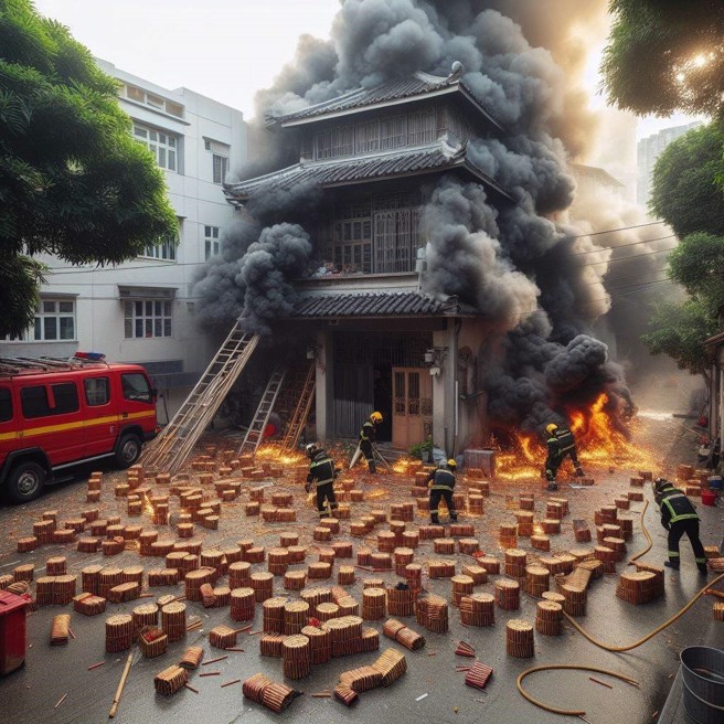 大陸一戶豪宅放鞭炮迎財神，沒想到起火燃燒迎來的是消防隊。（AI生成圖）