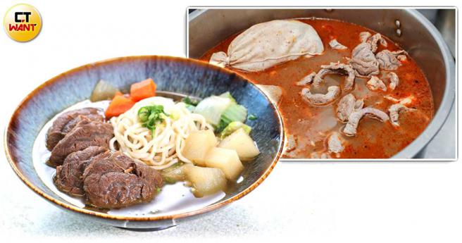 由于使用的部位不同，牛肉前一天得先过血水，炒过后整锅隔水降温，另一个大锅则是熬制蔬菜骨汤，过程工序繁复。（图／侯世骏摄）