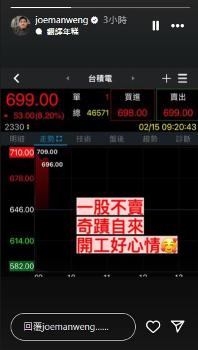 Joeman今在IG限動寫下台積電大漲的心情。（翻攝Joeman IG）
