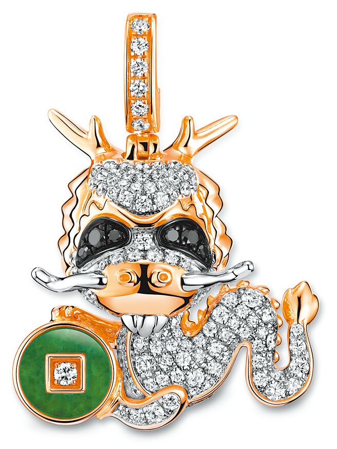 全球限量88枚微風南山Qeelin Dragon Bo Bo 18K白金、玫瑰金、鑽石及吊墜，34萬元。（微風提供）