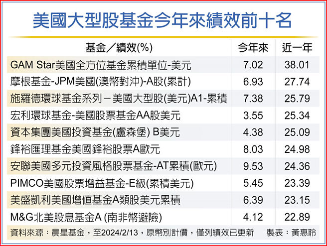 美國大型股基金今年來績效前十名