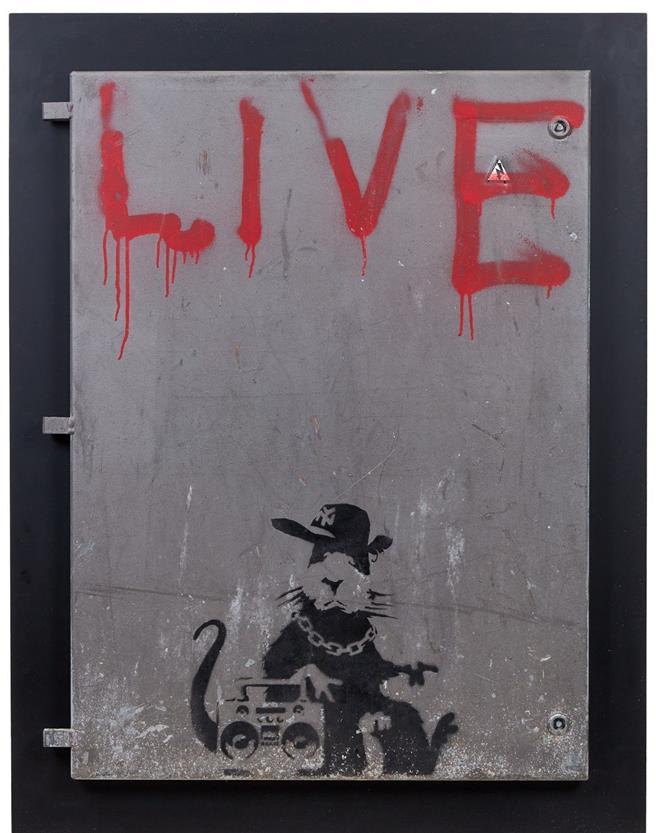 班克斯的《黑帮老鼠现场表演》近日于朱利安拍卖行上拍。（朱利安提供／李怡芸台北传真）