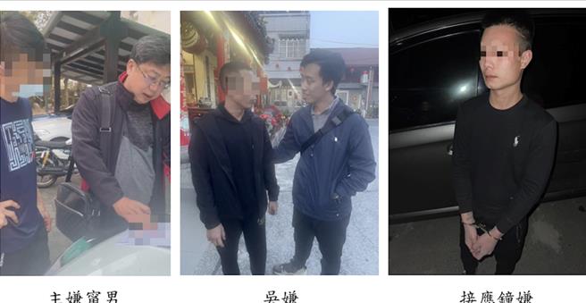 ／台中市西屯区15日凌晨发生当街掳人案件，警方连开12枪救出被害人，循线逮捕逃逸的宁姓主嫌（左）吴嫌（中）及负责接应的钟嫌（右）。（警方提供／王煌忠台中传真）