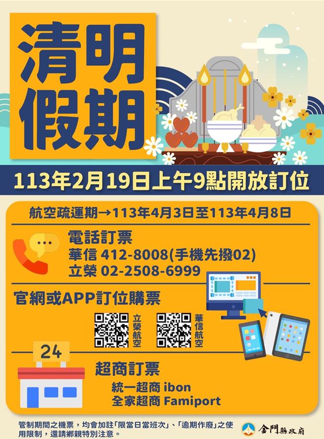 首波清明台金机票近4万7千个座位数，将于2／19上午9时开放订位。(图／金门县政府提供)