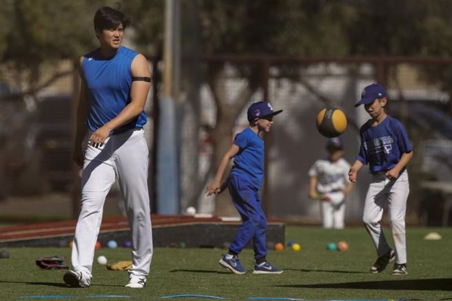 大谷翔平参加道奇练球。（美联社）
