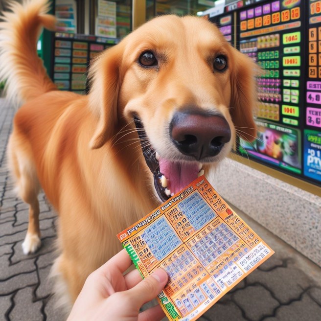 大陸一隻黃金獵犬，跑到彩券行偷咬了一張刮刮樂，主人認命付錢，沒想到刮出千元大獎。（AI生成圖）