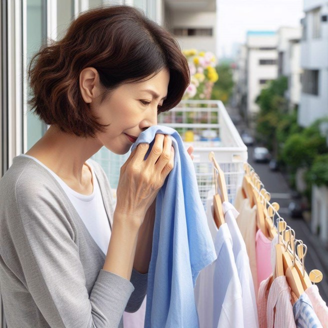 一名男子在外租屋，曝晒的内衣裤遭隔壁大妈偷闻偷拿，想要搜证报警。（AI生成图）