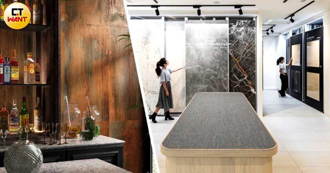 国人居住坪数越来越小，冠军建材开辟大尺寸磁砖产线，推广小宅可使用大砖，让视觉更宽阔；同时预估疫后会流行装饰类磁砖，如图中仿金属色的磁砖，触觉也能做到仿金属触感。（图／冠军建材提供）