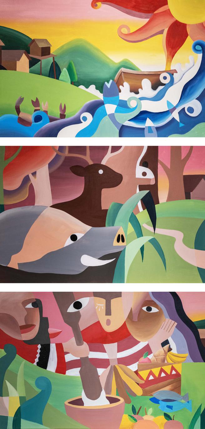 米路哈勇以3幅聯作表現《豐盛的生命》。（陳大任翻攝）